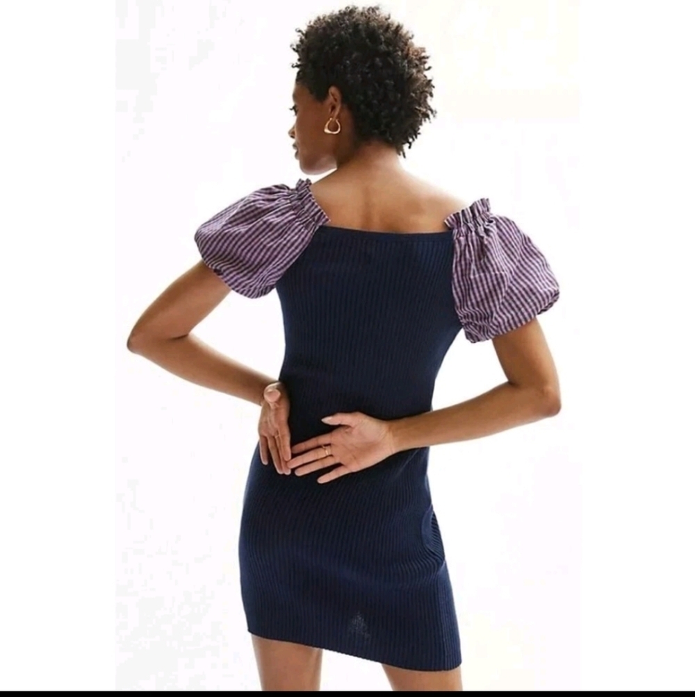 Maeve By Anthropologie PuffSleeved Navy Blue and Striped Button Front Dress Sz S - Picture 3 of 16
